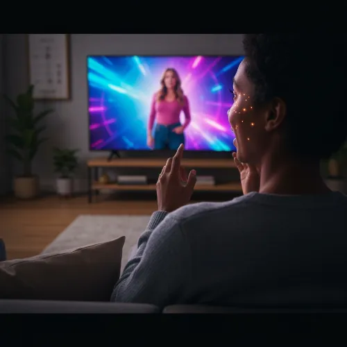 Person watching TV with vibrant show graphics